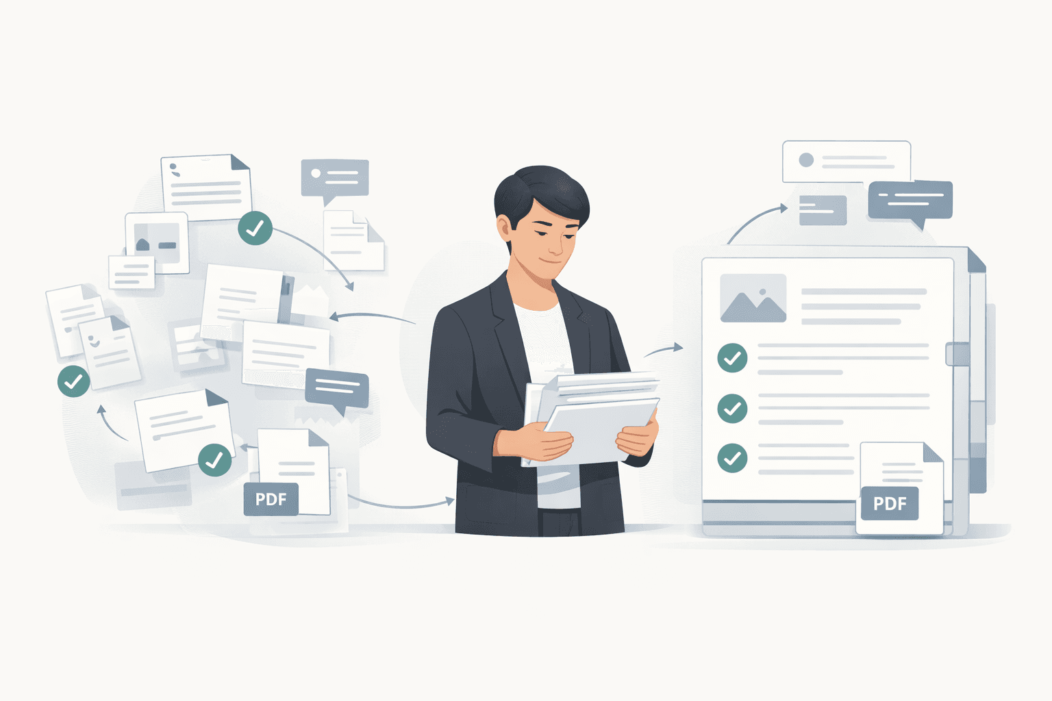 Documents being organized and reviewed into a structured evidence pack